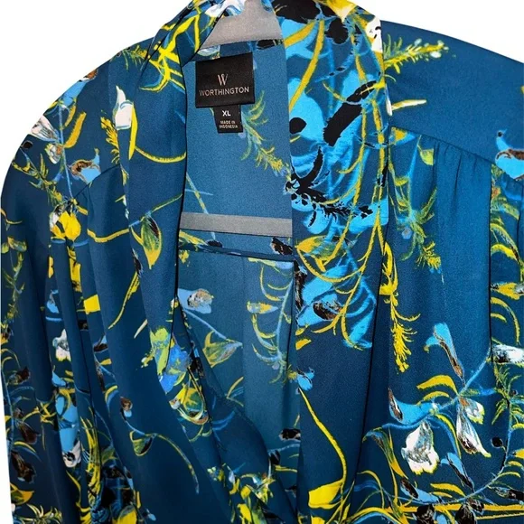Worthington Blue and Yellow Floral Wrap Top - Picture 3 of 10